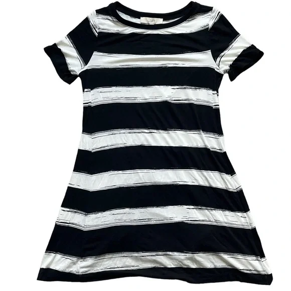 loft black and white striped dress Loft Stripe Ruched Wedge Mini T-Shirt Dress Size XL Black Women's